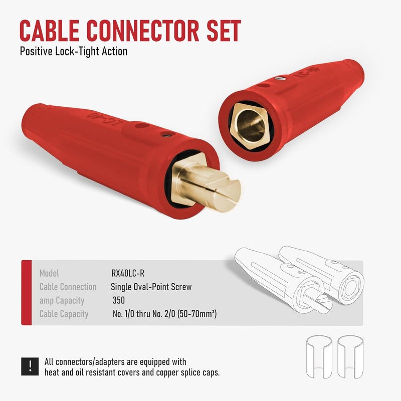 RX WELD LC40 Cable Connector Set, Includes Black Male and Female for Cable Capacity: 1/0 Thru 2/0 (50-70mm²)-Red - Image 2